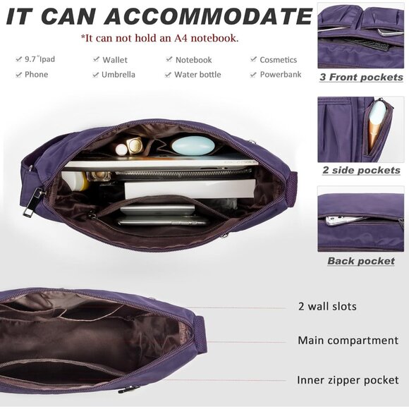 Women Purple-m Nylon Water Resistant Anti Theft Travel Crossbody Shoulder Bag - Picture 4 of 6